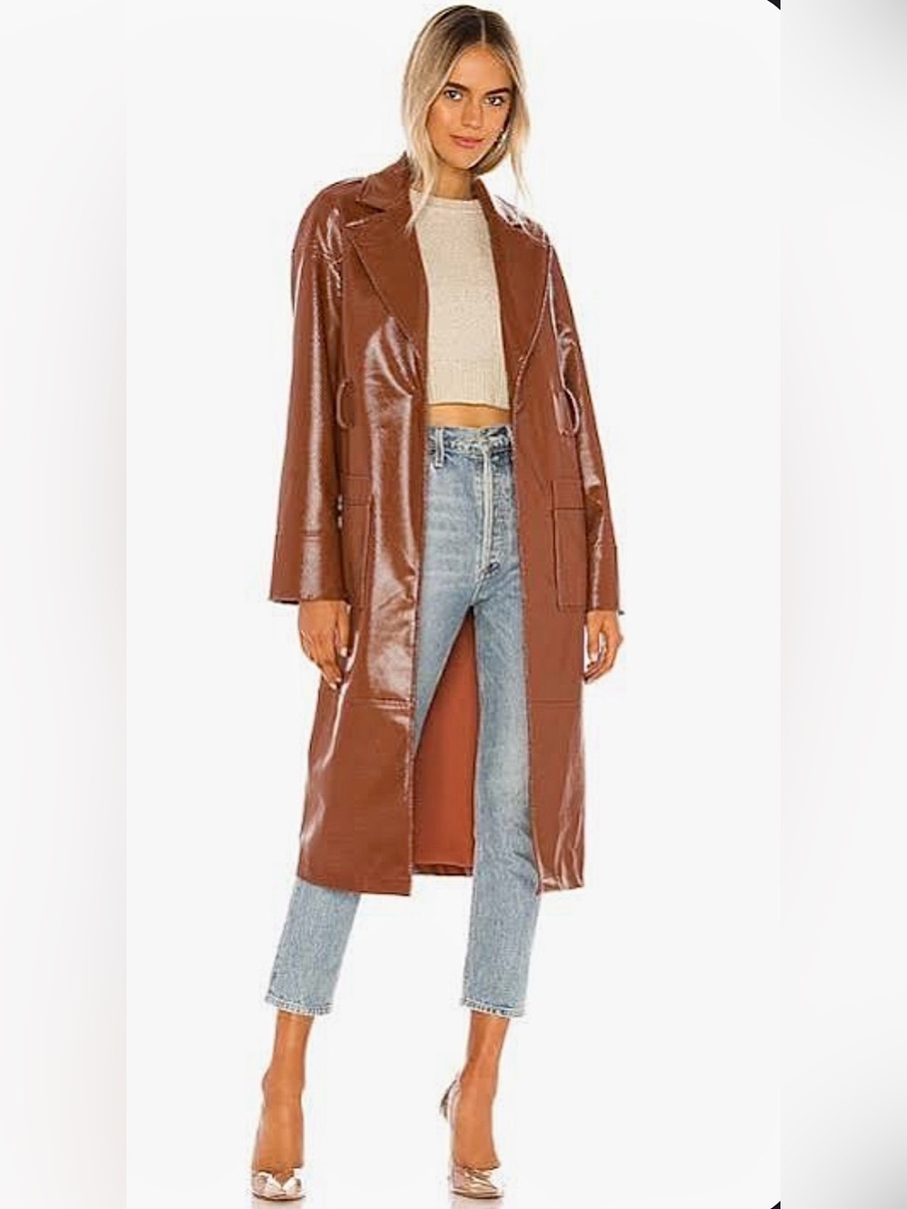 Revolve Camila Coelho Esma Trench Coat Cognac Vegan Leather Belted Revolve M